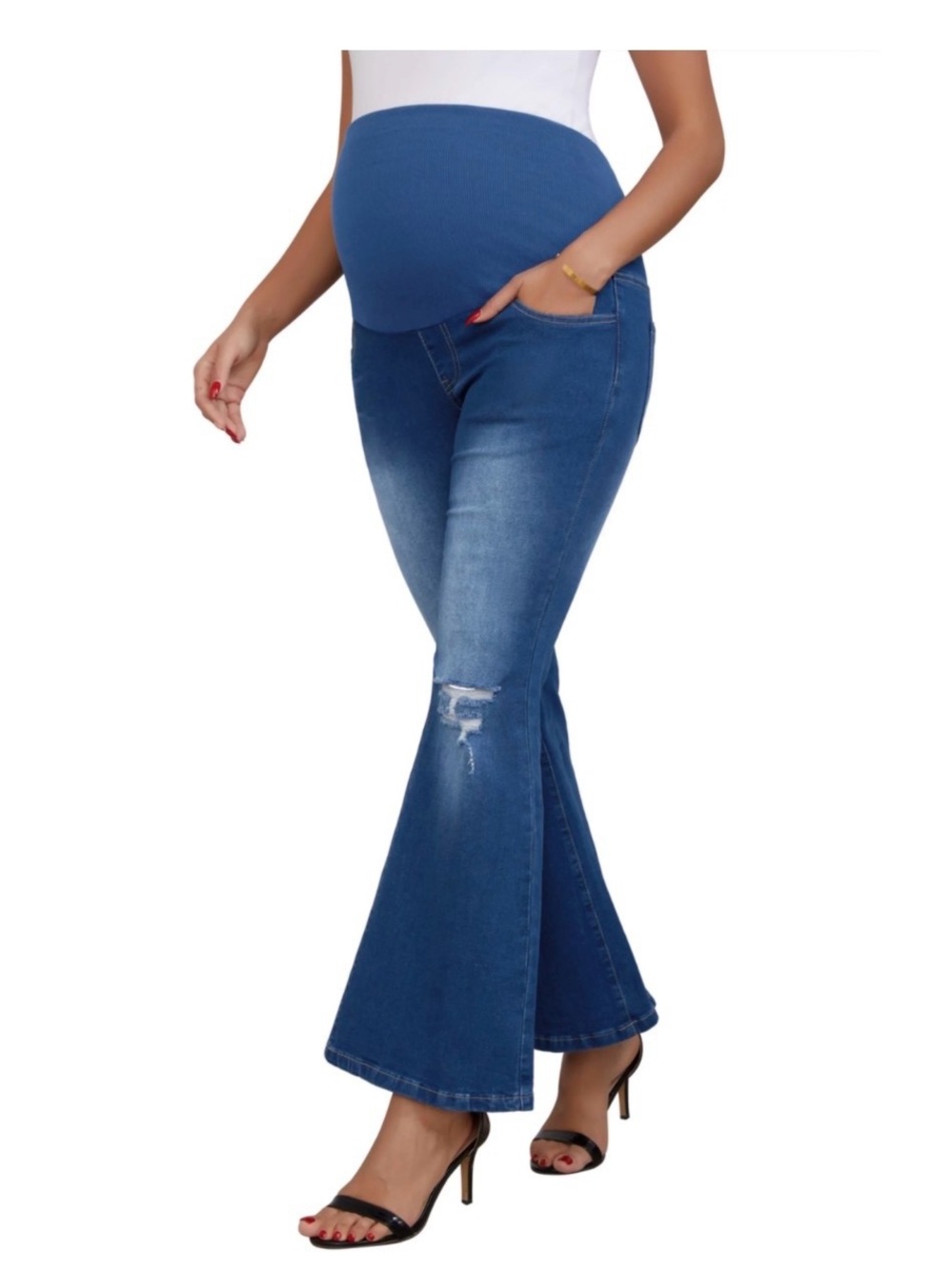 Maternity Flared Jeans in Denim Blue, size medium